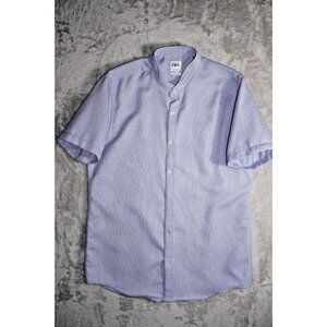 Zara Shirt Mens L Relaxed Fit Casual Button Up Mock Neck Rolled Short Sleeve
